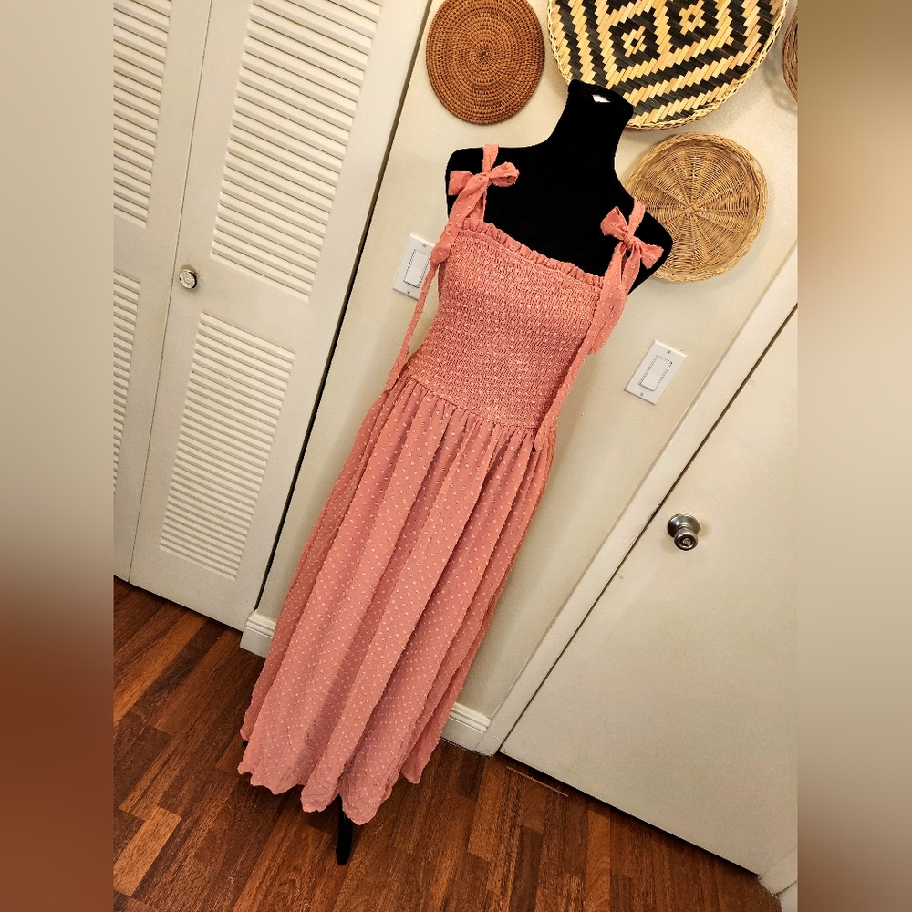 Swiss Dot Maxi Dress With Tie Straps And Side Split
